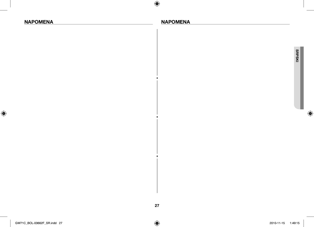 Samsung GW71C/XEH, GW71C/BOL, GW71C-S/XEH manual Napomena 