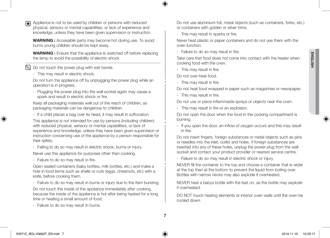 Samsung GW71C/BOL, GW71C/XEH, GW71C-S/XEH manual This may result in fire. Do not over-heat food 