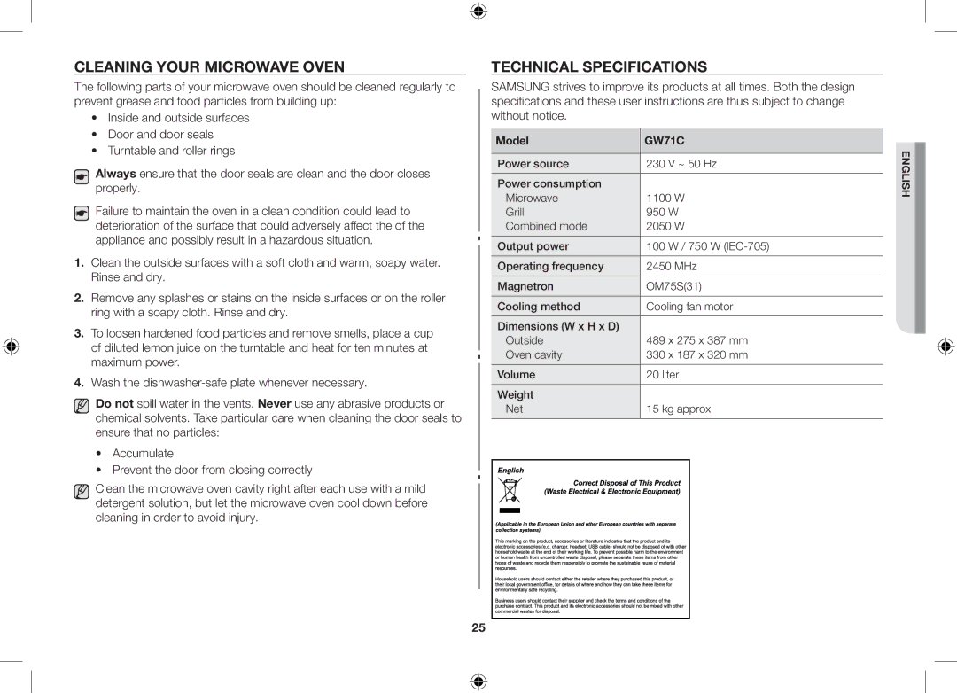 Samsung GW71C/BOL, GW71C/XEH, GW71C-S/XEH manual Cleaning Your Microwave Oven, Technical Specifications 