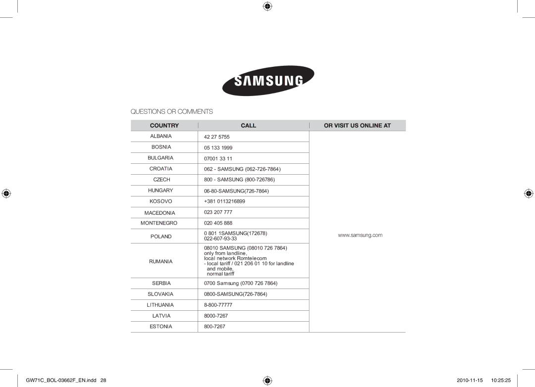 Samsung GW71C/BOL, GW71C/XEH, GW71C-S/XEH manual Albania 