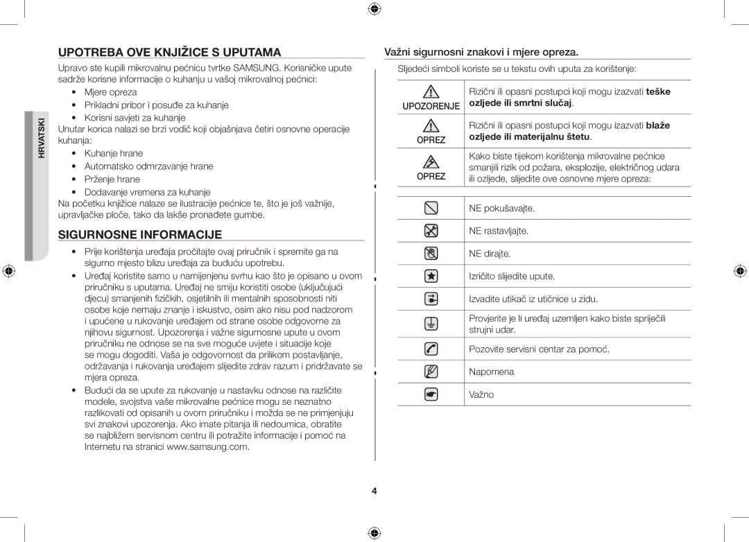 Samsung GW71C-S/XEH manual Upotreba OVE Knjižice S Uputama, Sigurnosne Informacije, Važni sigurnosni znakovi i mjere opreza 