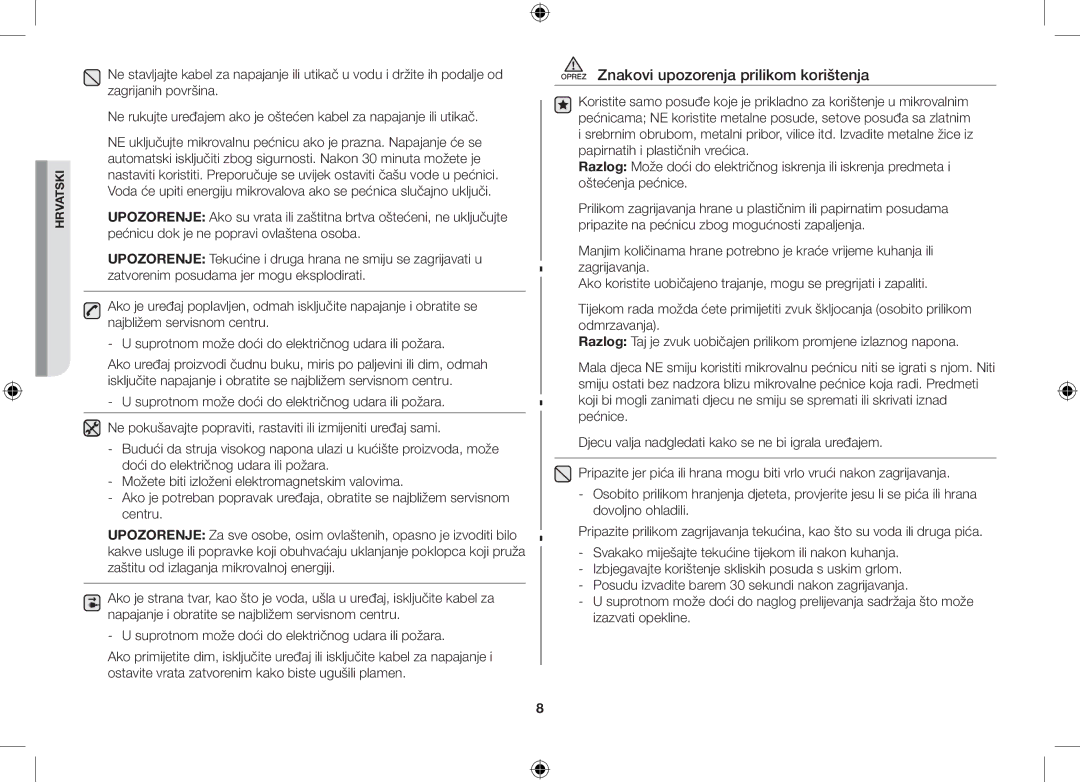 Samsung GW71C/BOL, GW71C/XEH, GW71C-S/XEH manual Oprez Znakovi upozorenja prilikom korištenja 