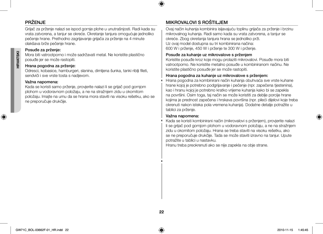 Samsung GW71C-S/XEH, GW71C/BOL, GW71C/XEH manual Prženje, Mikrovalovi S Roštiljem 