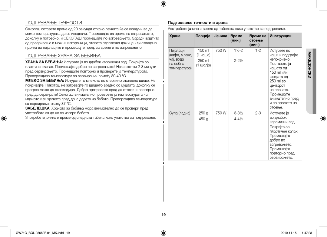 Samsung GW71C/BOL, GW71C/XEH, GW71C-S/XEH manual Подгревање Течности, Подгревање Храна ЗА Бебиња 