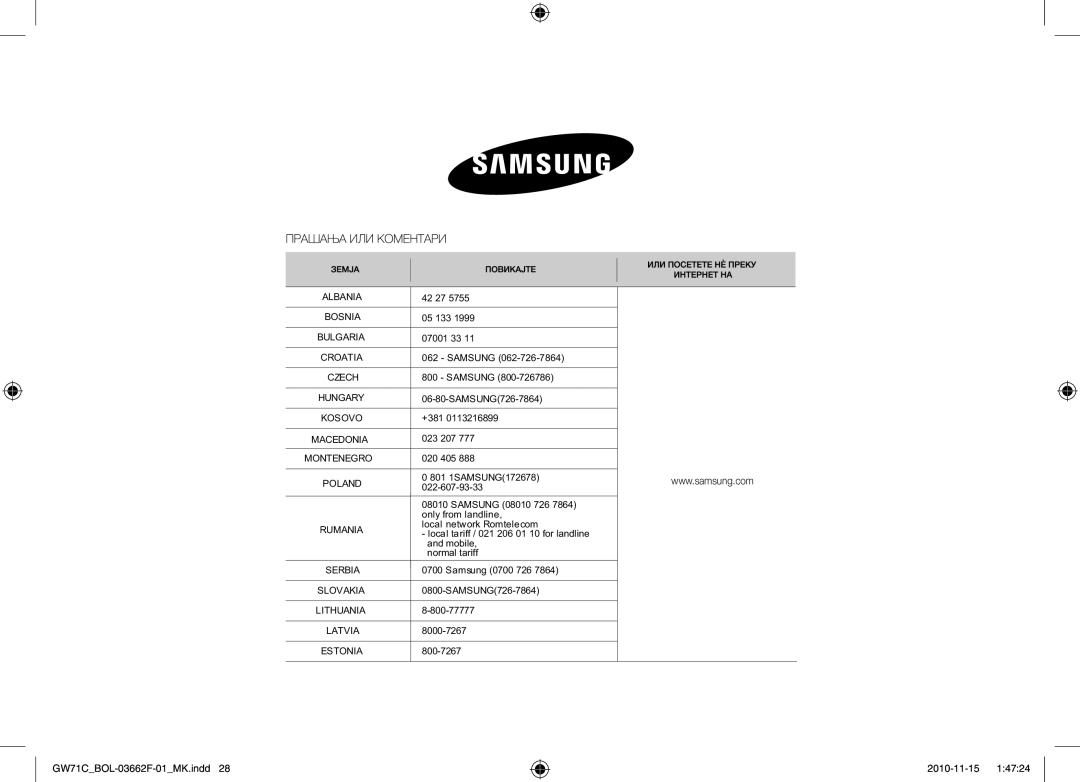 Samsung GW71C/BOL, GW71C/XEH, GW71C-S/XEH manual 800-7267 GW71CBOL-03662F-01MK.indd 2010-11-15 