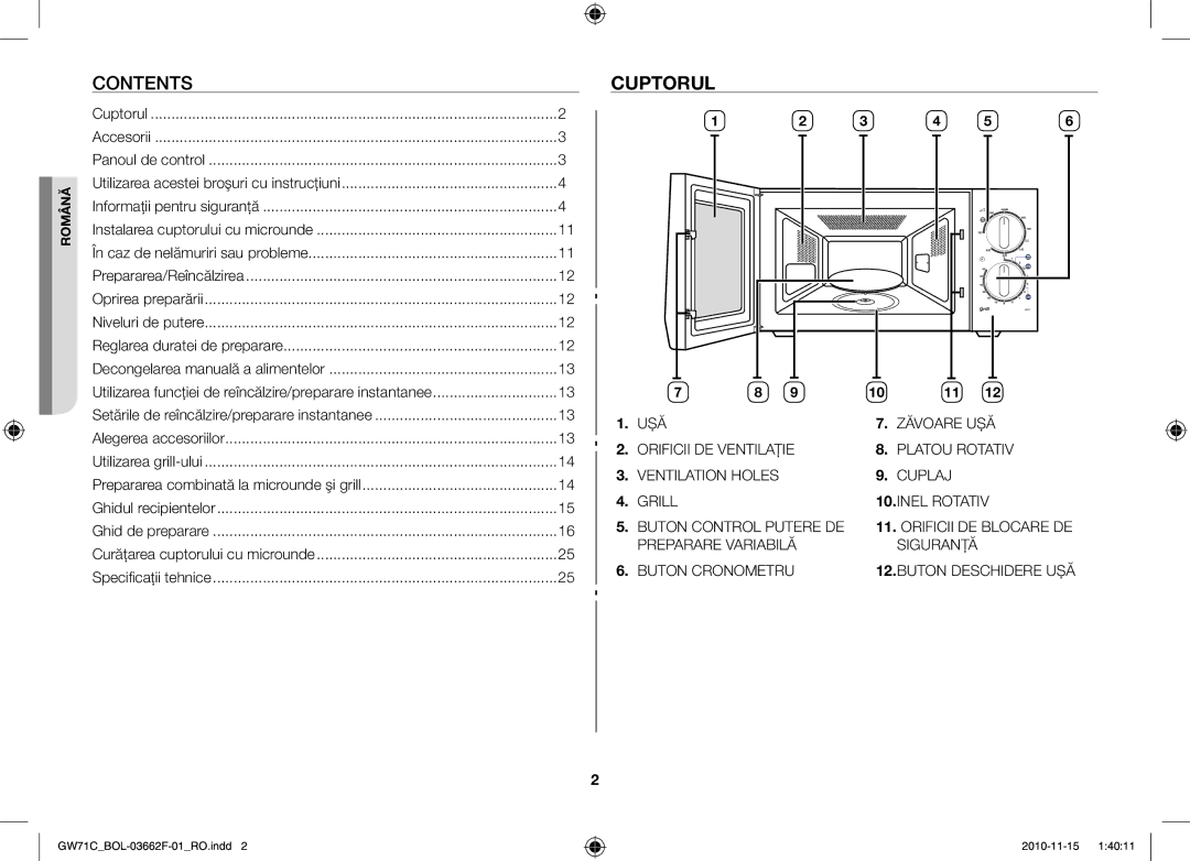 Samsung GW71C-S/XEH, GW71C/BOL, GW71C/XEH manual Contents, Cuptorul 