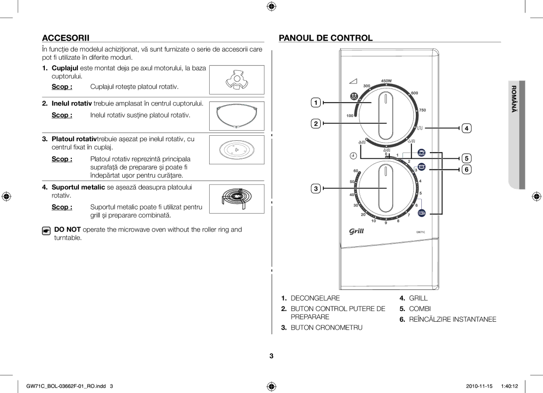 Samsung GW71C/BOL, GW71C/XEH, GW71C-S/XEH manual Accesorii, Panoul DE Control 