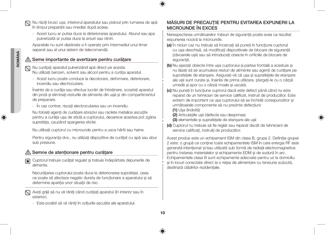 Samsung GW71C/XEH, GW71C/BOL manual Seme importante de avertizare pentru curăţare, Semne de atenţionare pentru curăţare 