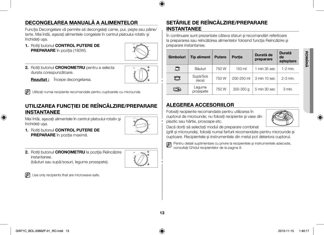 Samsung GW71C/XEH, GW71C/BOL Decongelarea Manuală a Alimentelor, Utilizarea Funcţiei DE REÎNCĂLZIRE/PREPARARE Instantanee 