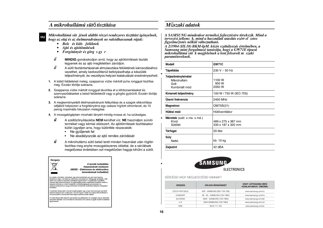 Samsung GW71C/XEH, GW71C-S/XEH manual Mikrohullámú sütő tisztítása, Műszaki adatok, Zajszint 