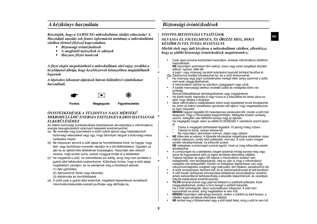 Samsung GW71C-S/XEH, GW71C/XEH manual Kézikönyv használata, Biztonsági óvintézkedések, Fontos Megjegyzés 