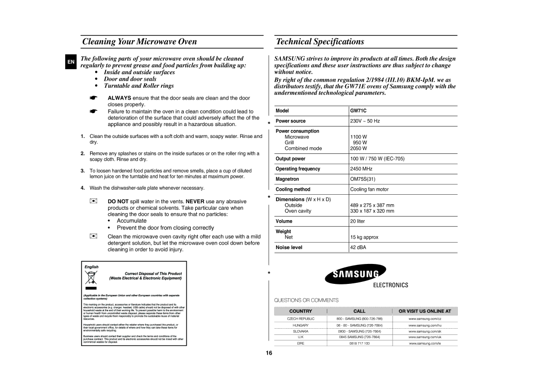 Samsung GW71C/XEH, GW71C-S/XEH Cleaning Your Microwave Oven Technical Specifications, Dimensions W x H x D, Noise level 