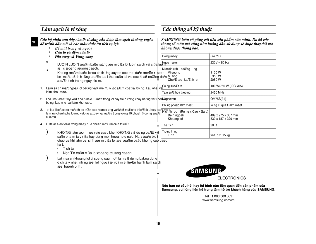 Samsung GW71C/XSV manual Laøm saïch loø vi soùng, Caùc thoâng soá kyõ thuaät 