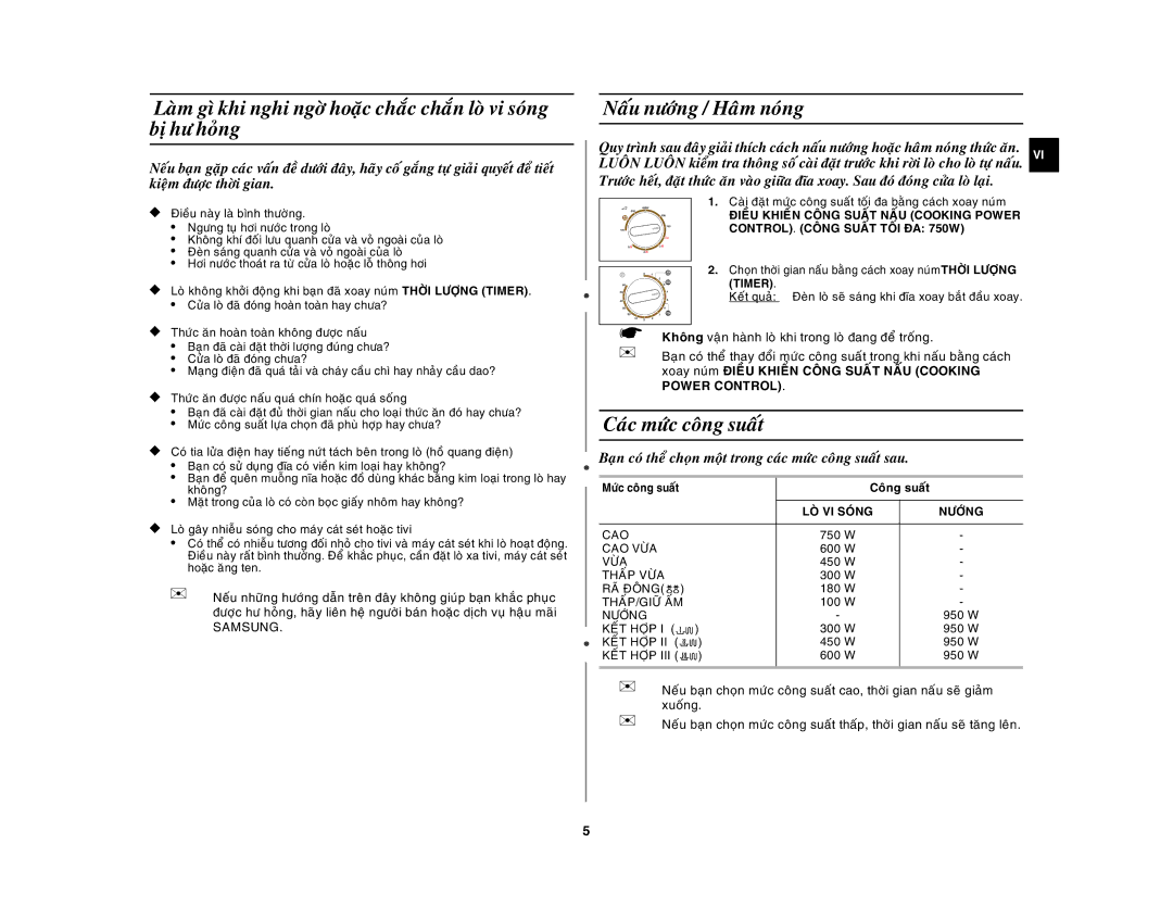 Samsung GW71C/XSV manual Naáu nöôùng / Haâm noùng, Caùc möùc coâng suaát 