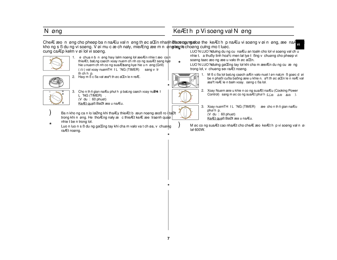 Samsung GW71C/XSV manual Nöôùng Keát hôïp Vi soùng vaø Nöôùng, Vaø xoay nuùm Thôøi Löôïng Timer sang vò trí thích hôïp 