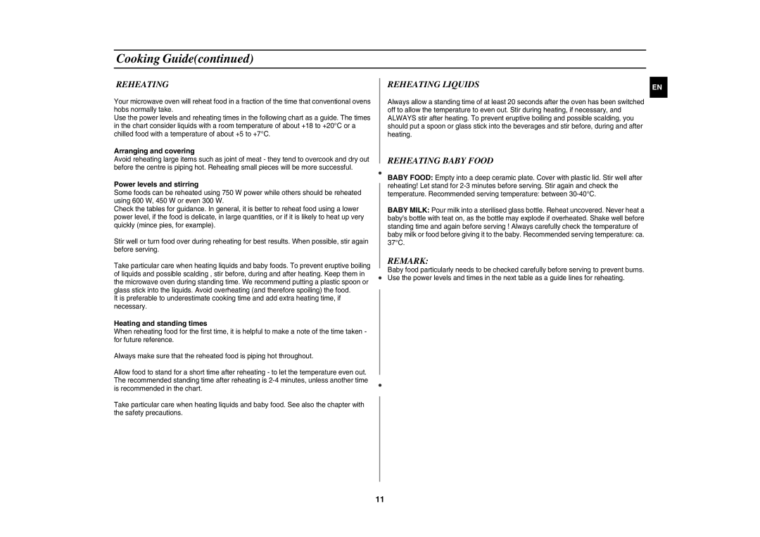 Samsung GW71C/XSV manual Reheating Baby Food, Remark 