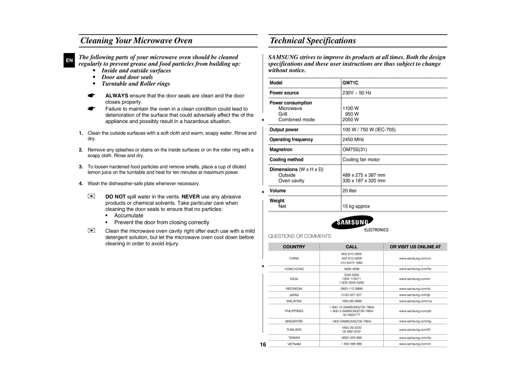 Samsung GW71C/XSV manual Cleaning Your Microwave Oven Technical Specifications, Dimensions W x H x D 