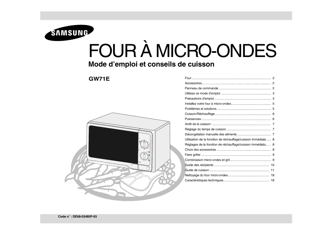 Samsung GW71E-B/XEF manual Four À MICRO-ONDES, Code n DE68-03485P-03 