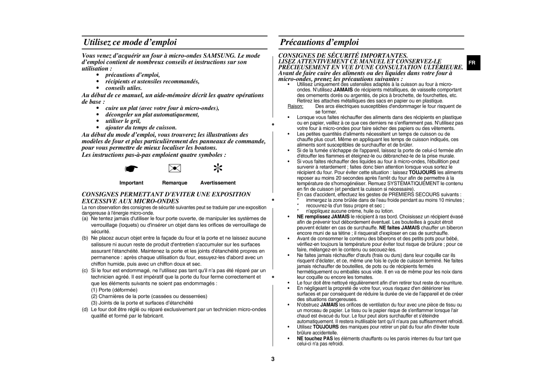 Samsung GW71E-B/XEF manual Utilisez ce mode d’emploi, Précautions d’emploi, Consignes DE Sécurité Importantes 