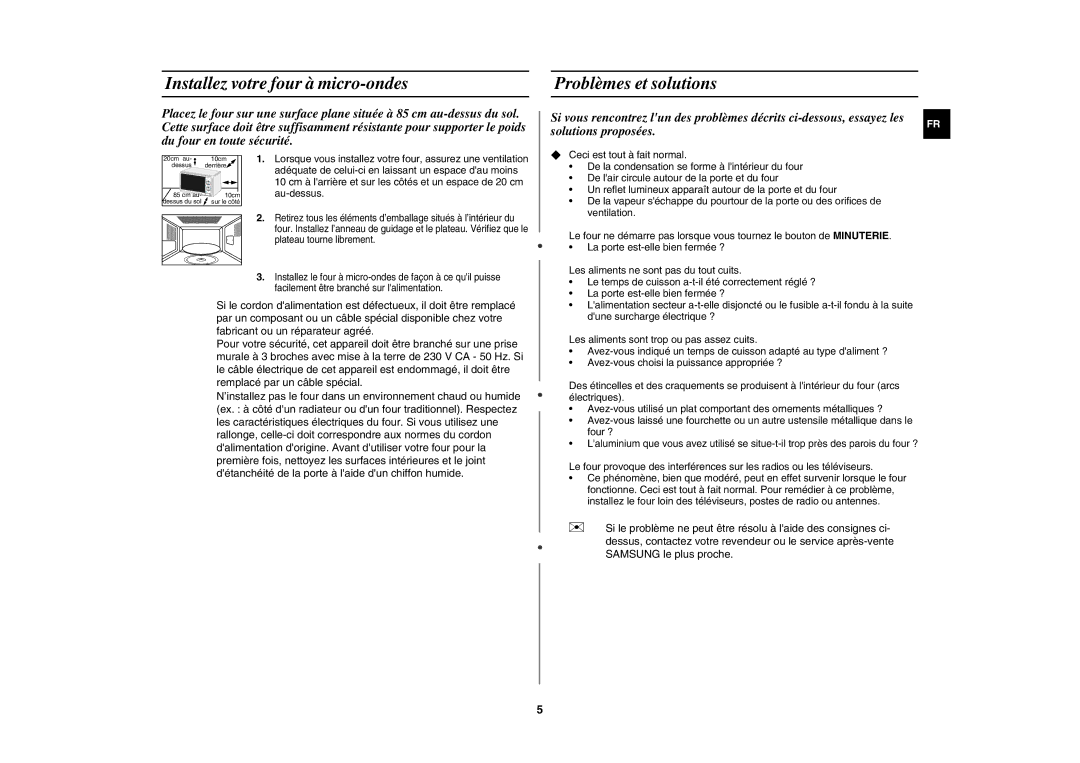 Samsung GW71E-B/XEF manual Installez votre four à micro-ondes, Problèmes et solutions, Au-dessus 