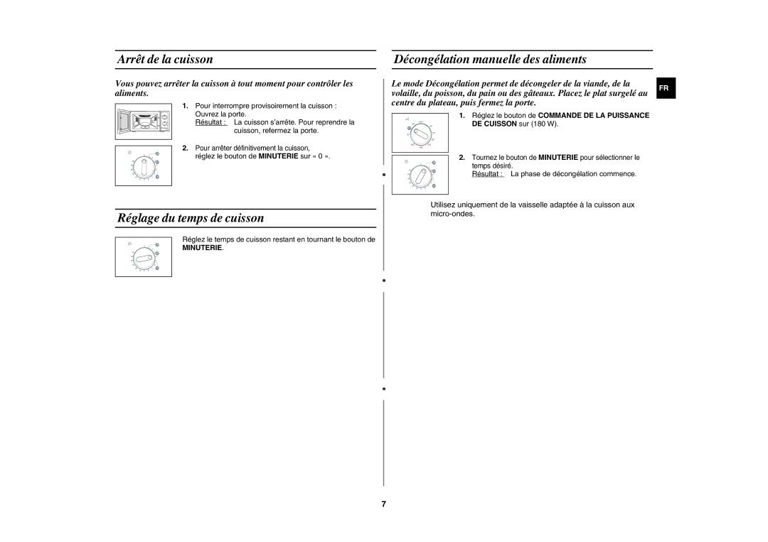 Samsung GW71E-B/XEF manual Arrêt de la cuisson Décongélation manuelle des aliments, Réglage du temps de cuisson, Minuterie 