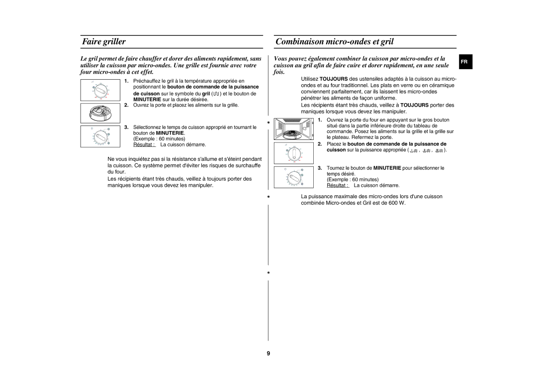 Samsung GW71E-B/XEF manual Faire griller, Combinaison micro-ondes et gril, Placez le bouton de commande de la puissance de 