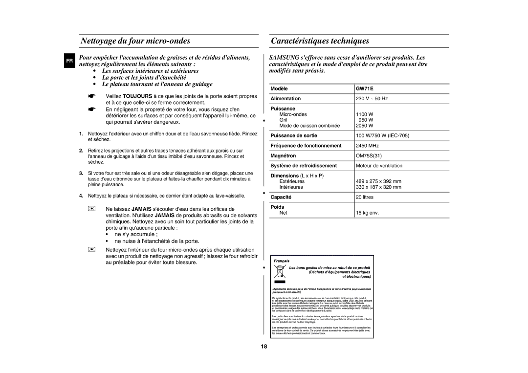 Samsung GW71E-P/XEF, GW71E/XEF manual Nettoyage du four micro-ondes, Caractéristiques techniques 