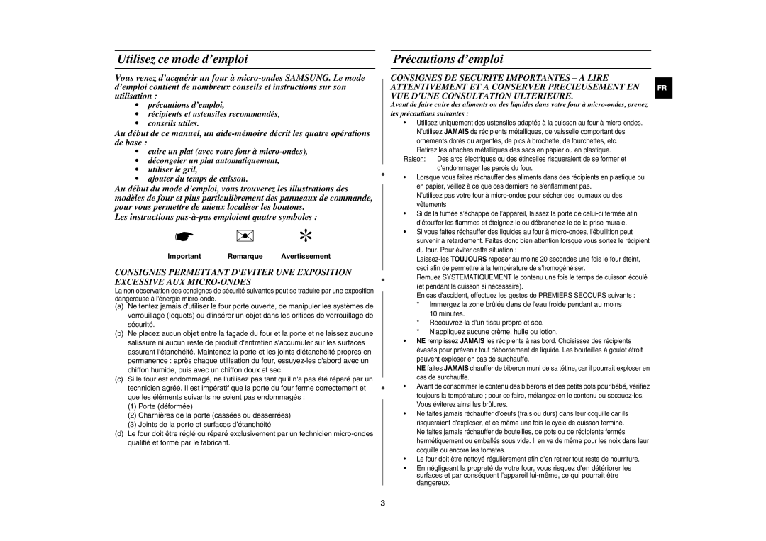 Samsung GW71E/XEF, GW71E-P/XEF manual Utilisez ce mode d’emploi, Précautions d’emploi, Important Remarque Avertissement 