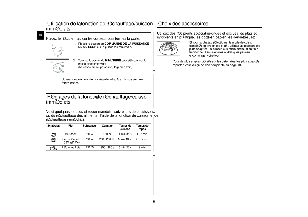 Samsung GW71E-P/XEF, GW71E/XEF manual Utilisation de la fonction de réchauffage/cuisson immédiats, Choix des accessoires 