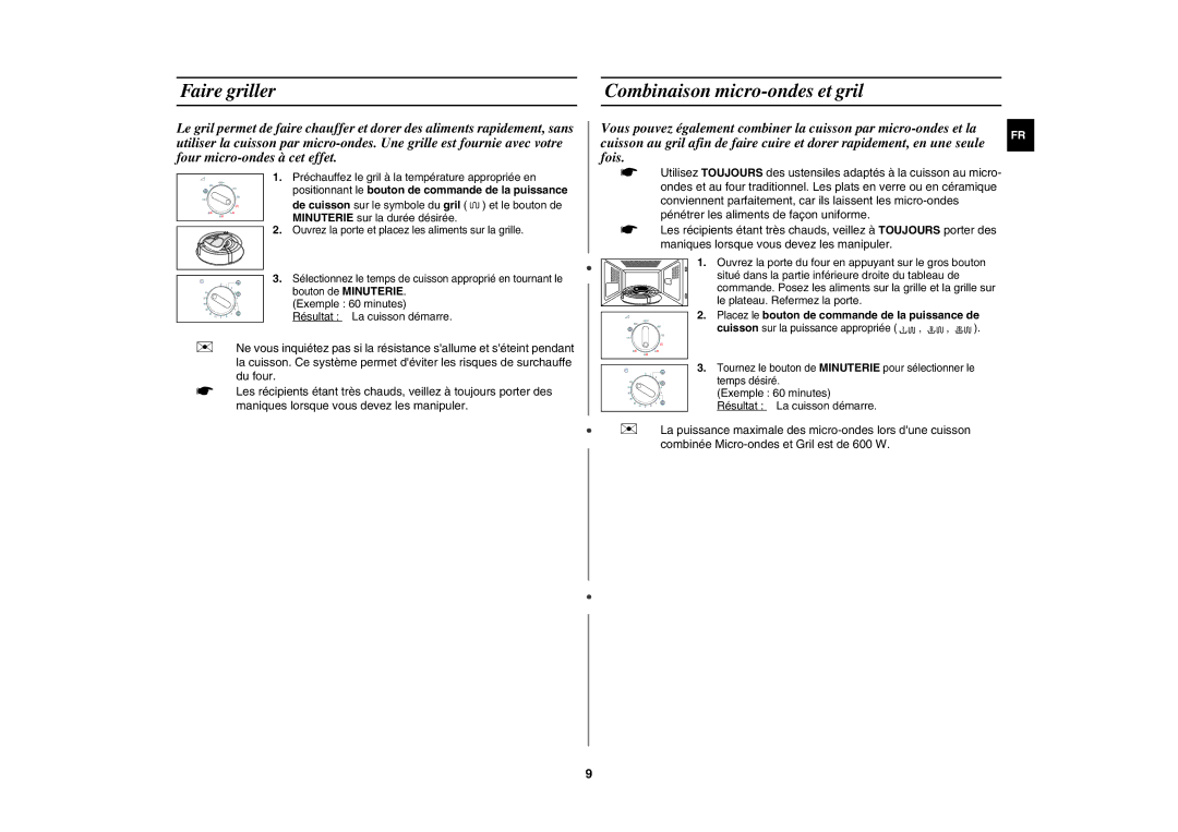 Samsung GW71E/XEF manual Faire griller, Combinaison micro-ondes et gril, Placez le bouton de commande de la puissance de 