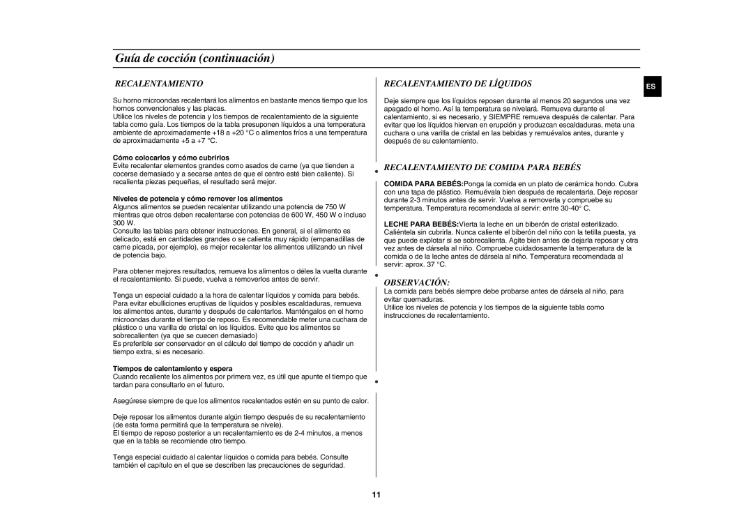 Samsung GW71E-S/XEC manual Recalentamiento DE Comida Para Bebés, Observación 