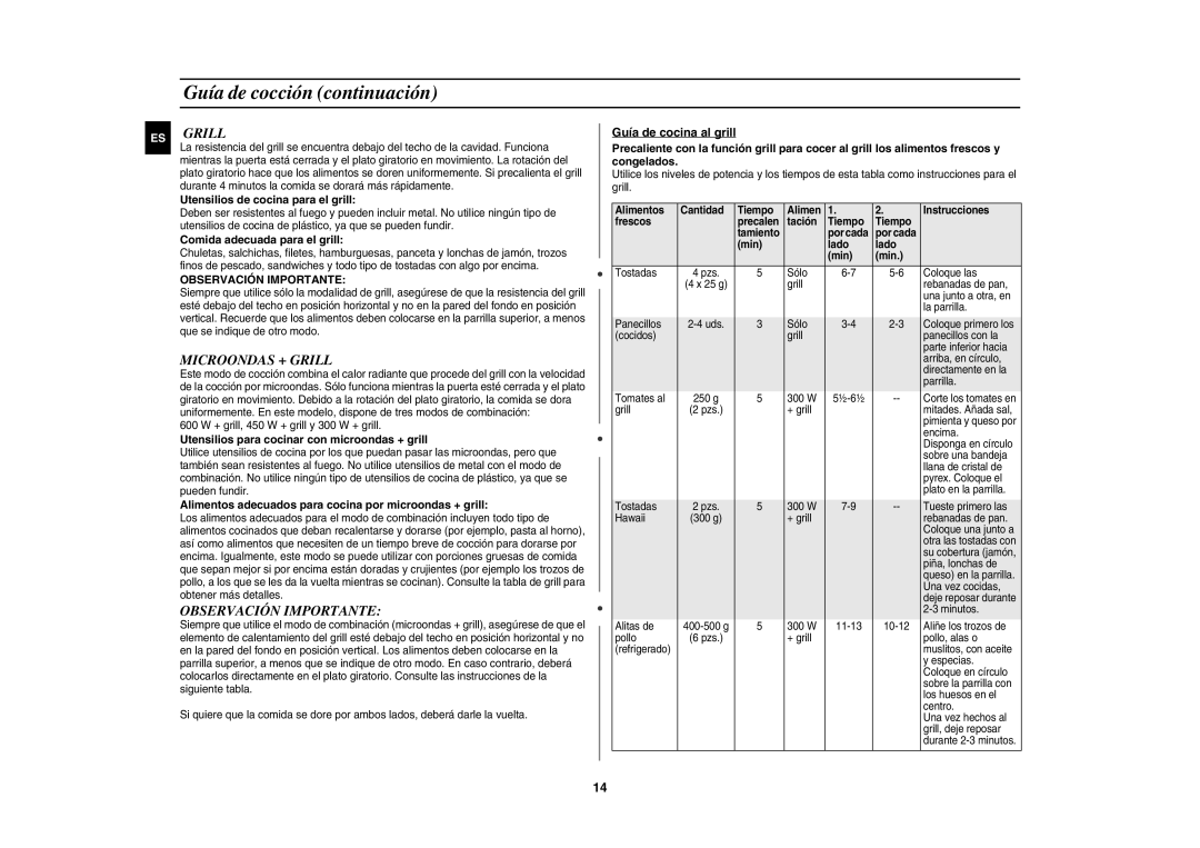 Samsung GW71E-S/XEC manual Microondas + Grill, Observación Importante 