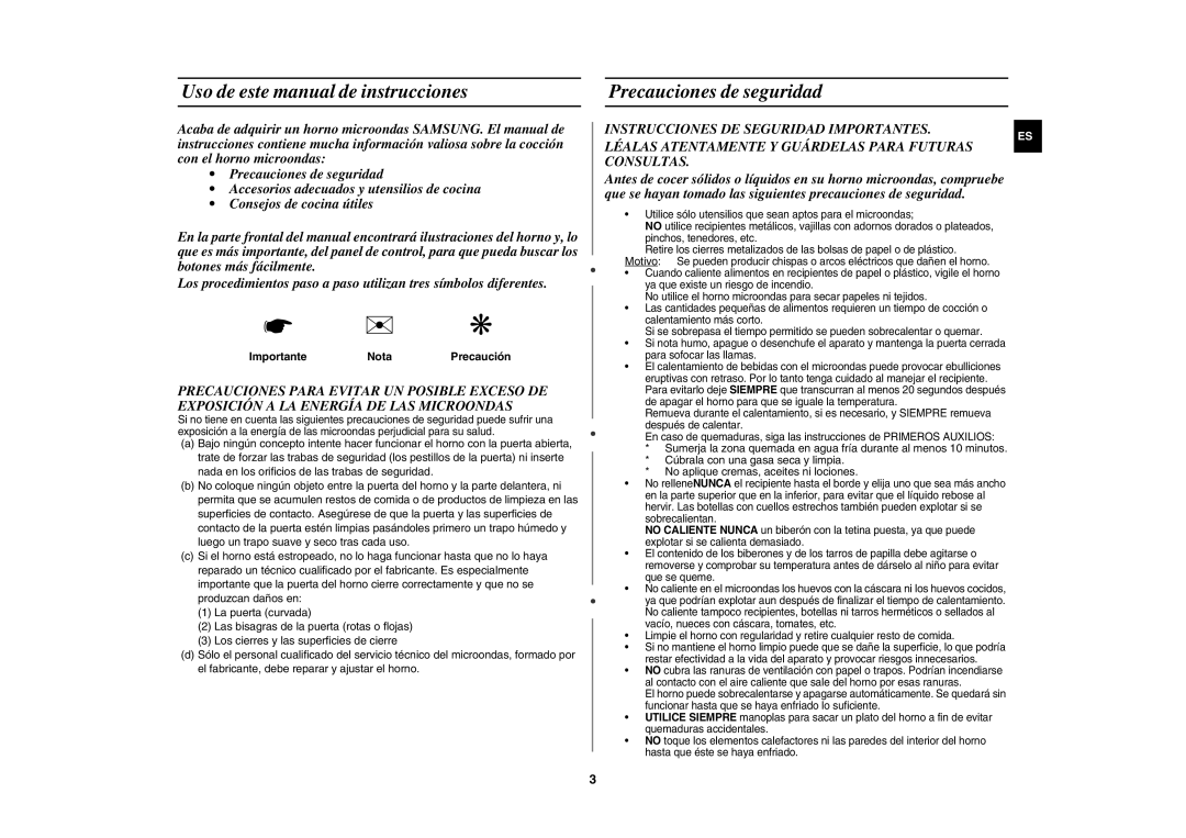 Samsung GW71E-S/XEC Uso de este manual de instrucciones, Precauciones de seguridad, Importante Nota Precaución 