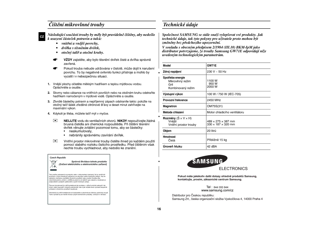 Samsung GW71E-S/XEH, GW71E/XEH manual Čištění mikrovlnné trouby, Technické údaje, Úroveň hluku 