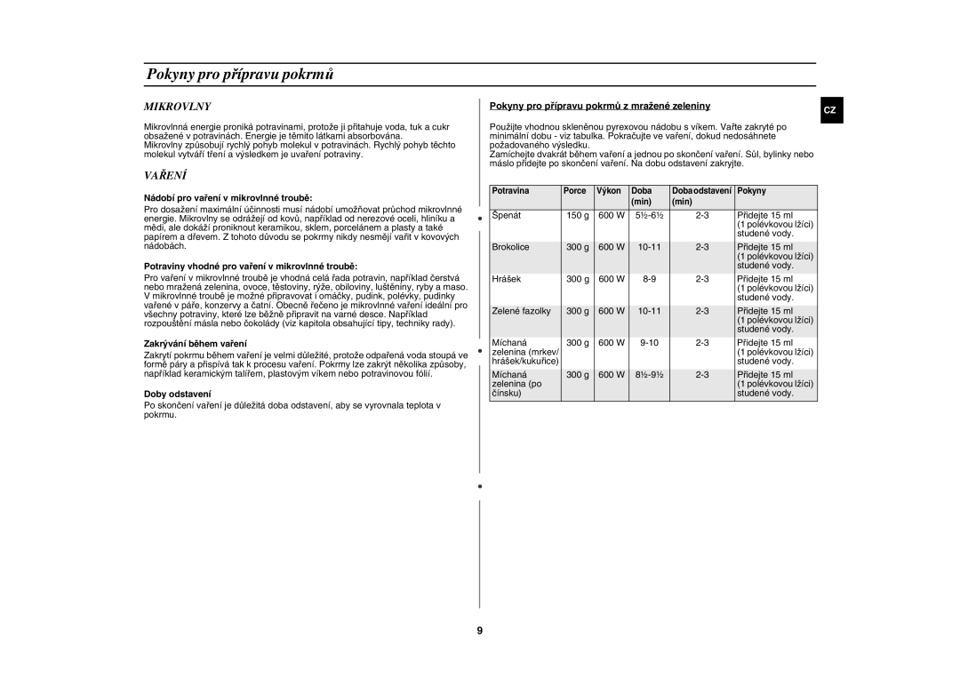 Samsung GW71E/XEH, GW71E-S/XEH manual Pokyny pro přípravu pokrmů, Mikrovlny, Vaření 