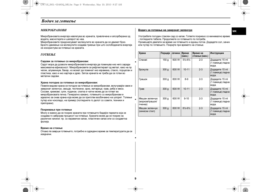 Samsung GW71E-S/XET, GW71E/XEC, GW71E/XEH, GW71E/BOL, GW71E/XEO manual Водич за готвење, Микробранови, Готвење 