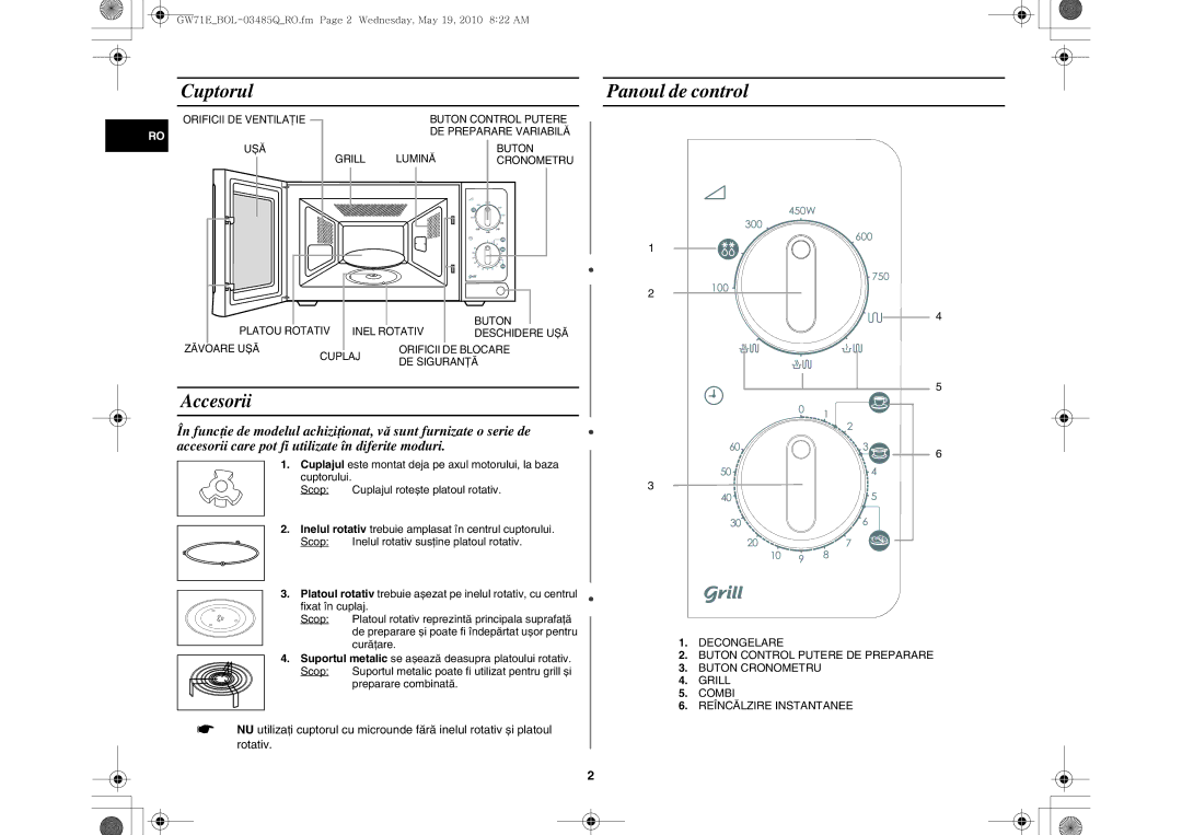 Samsung GW71E/XEO manual Cuptorul, Panoul de control, Curăţare, Suportul metalic se așează deasupra platoului rotativ Scop 