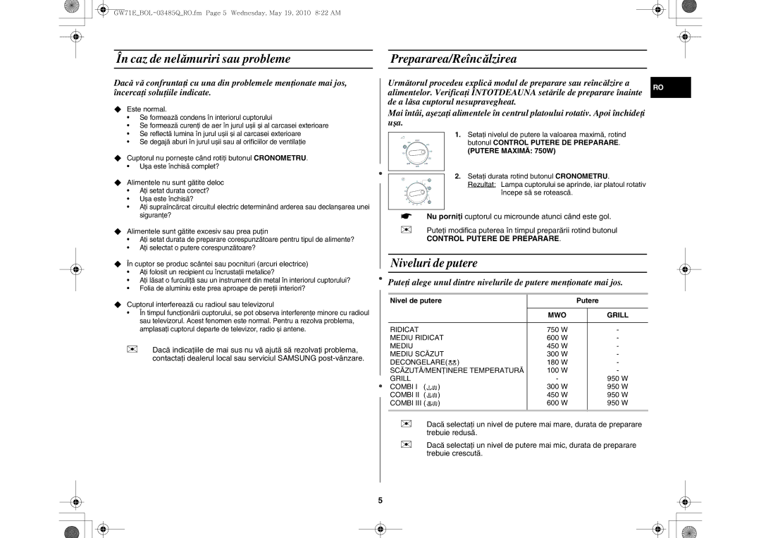 Samsung GW71E/XEH, GW71E-S/XET În caz de nelămuriri sau probleme Prepararea/Reîncălzirea, Putere Maximă 750W, MWO Grill 