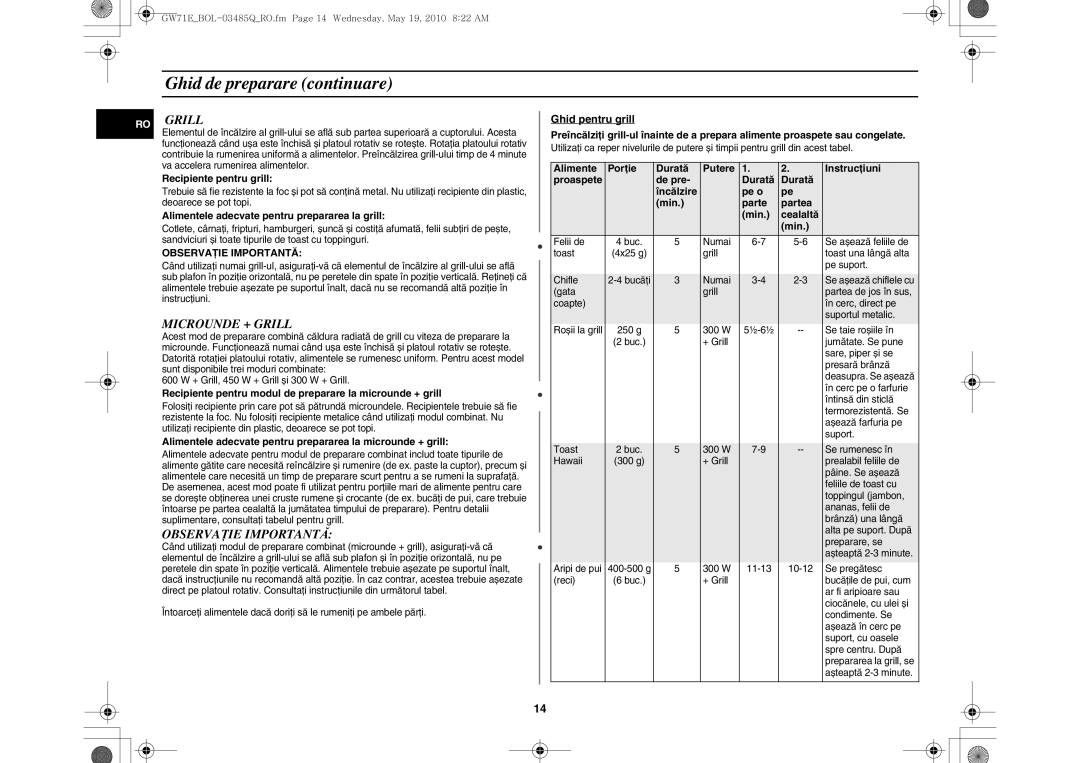 Samsung GW71E/XEC, GW71E-S/XET, GW71E/XEH, GW71E/BOL, GW71E/XEO manual Microunde + Grill, Observaţie Importantă 