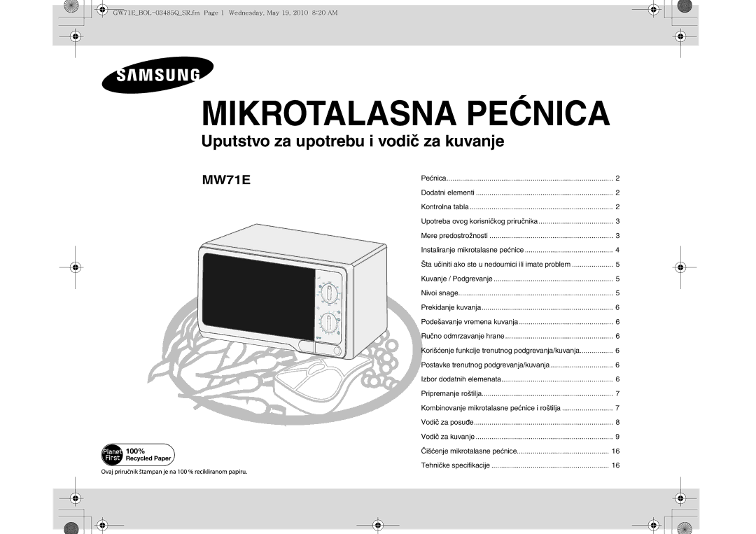 Samsung GW71E/XEO, GW71E-S/XET, GW71E/XEC, GW71E/XEH, GW71E/BOL manual Mikrotalasna Pećnica 