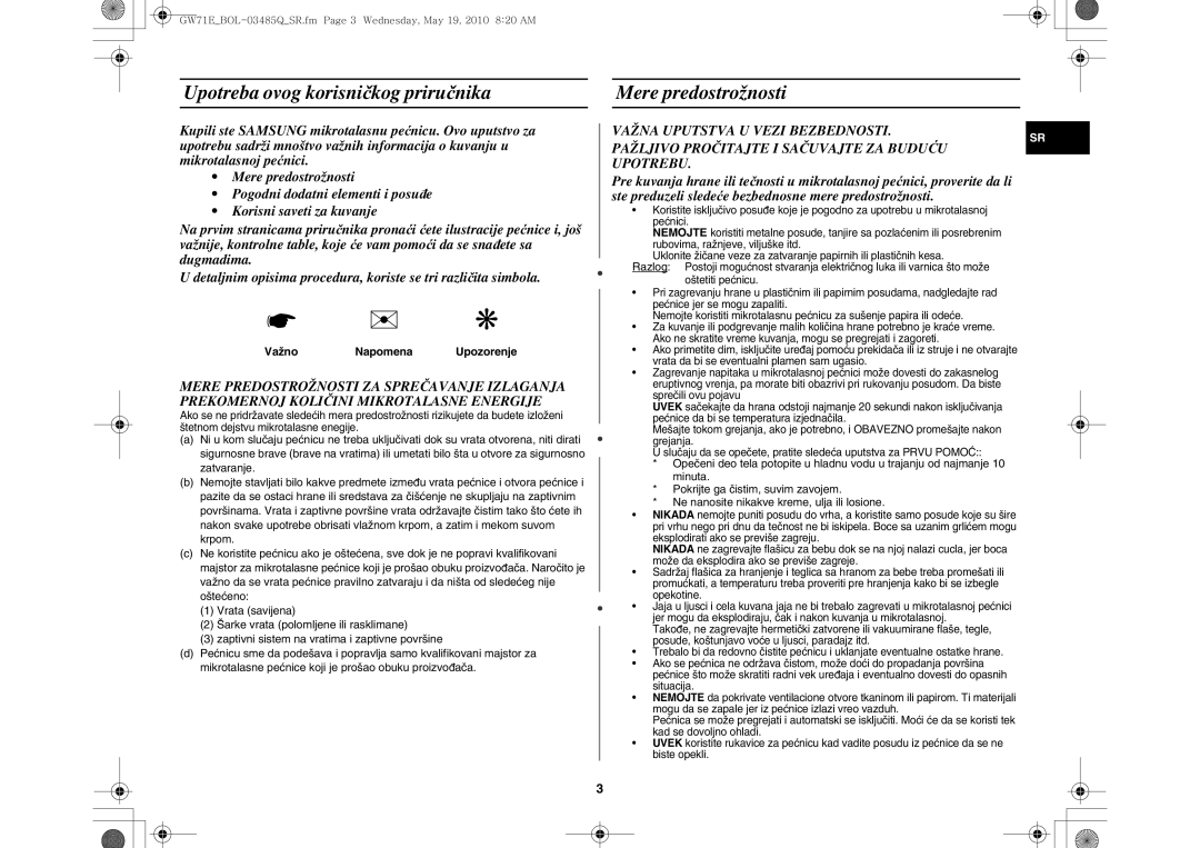 Samsung GW71E/XEC, GW71E-S/XET manual Upotreba ovog korisničkog priručnika, Mere predostrožnosti, VažnoNapomena Upozorenje 