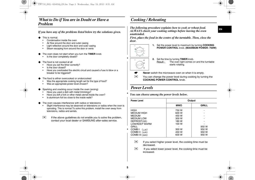 Samsung GW71E/XEO, GW71E-S/XET What to Do if You are in Doubt or Have a Problem, Cooking / Reheating, Power Levels, Output 