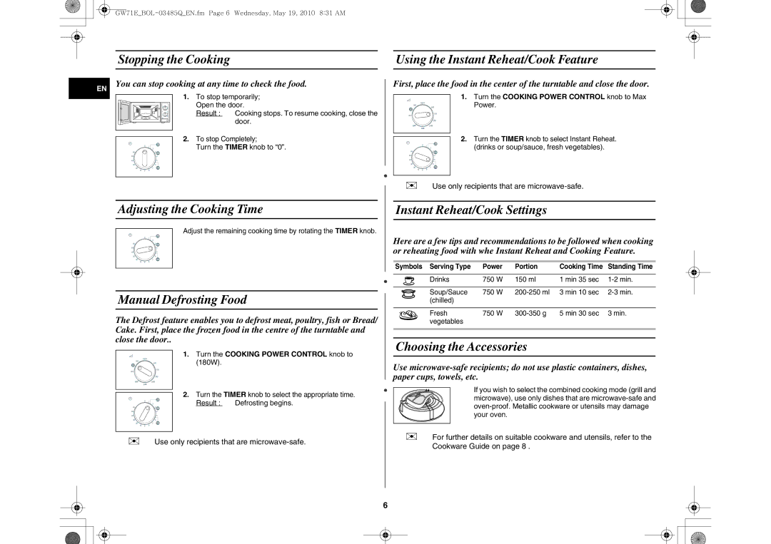 Samsung GW71E-S/XET, GW71E/XEC manual Stopping the Cooking Using the Instant Reheat/Cook Feature, Adjusting the Cooking Time 