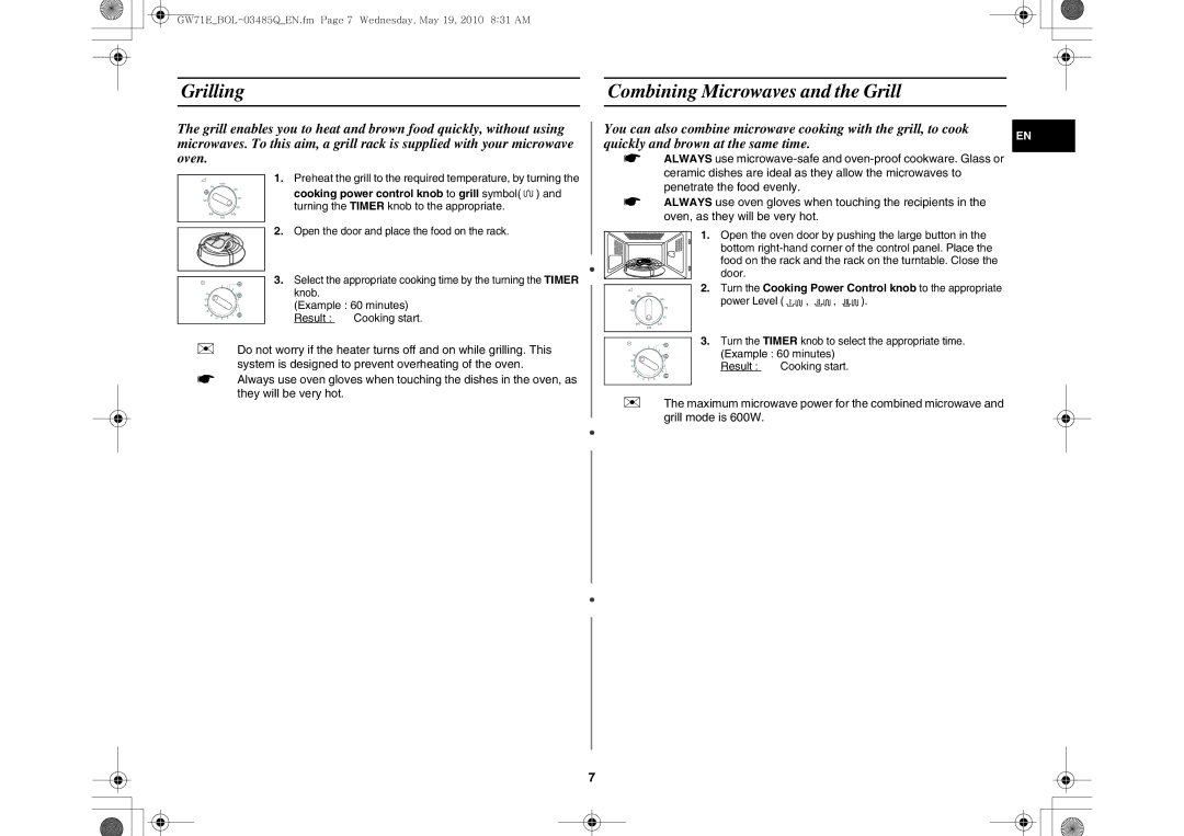 Samsung GW71E/XEC, GW71E-S/XET, GW71E/XEH, GW71E/BOL, GW71E/XEO manual Grilling Combining Microwaves and the Grill 