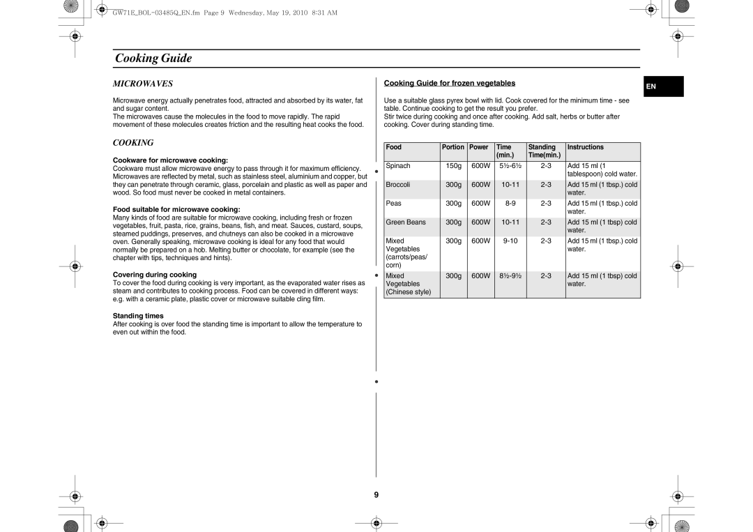 Samsung GW71E/BOL, GW71E-S/XET, GW71E/XEC, GW71E/XEH, GW71E/XEO manual Cooking Guide, Microwaves 