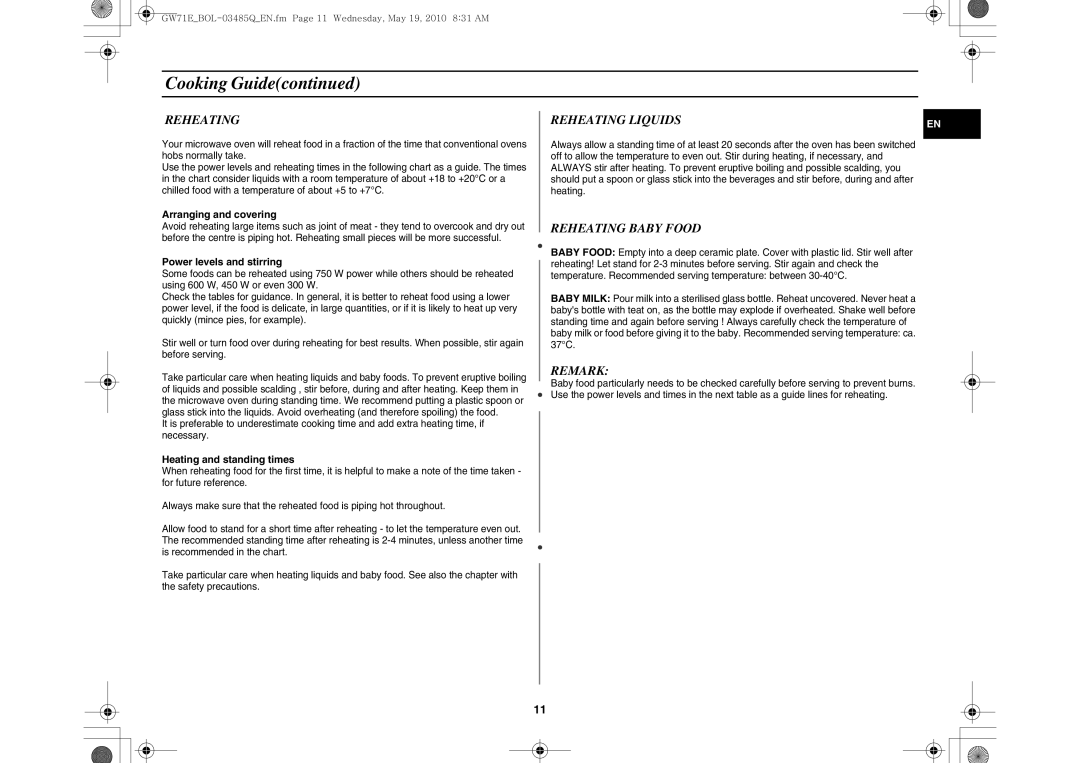 Samsung GW71E-S/XET, GW71E/XEC, GW71E/XEH, GW71E/BOL, GW71E/XEO manual Reheating Baby Food, Remark 