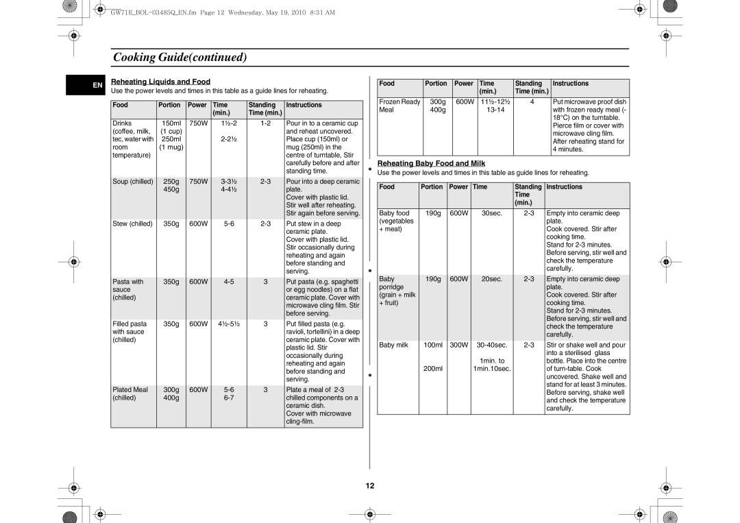 Samsung GW71E/XEC, GW71E-S/XET, GW71E/XEH, GW71E/BOL, GW71E/XEO manual Reheating Liquids and Food, Reheating Baby Food and Milk 