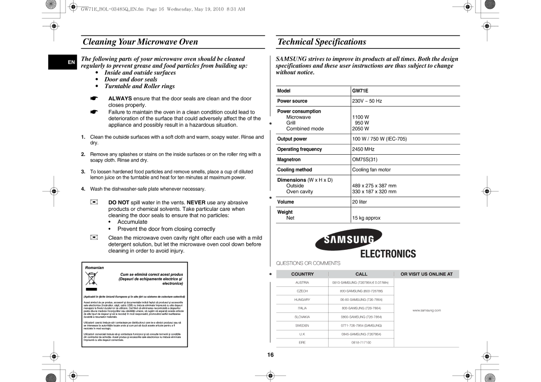 Samsung GW71E-S/XET, GW71E/XEC, GW71E/XEH, GW71E/BOL, GW71E/XEO manual Cleaning Your Microwave Oven Technical Specifications 