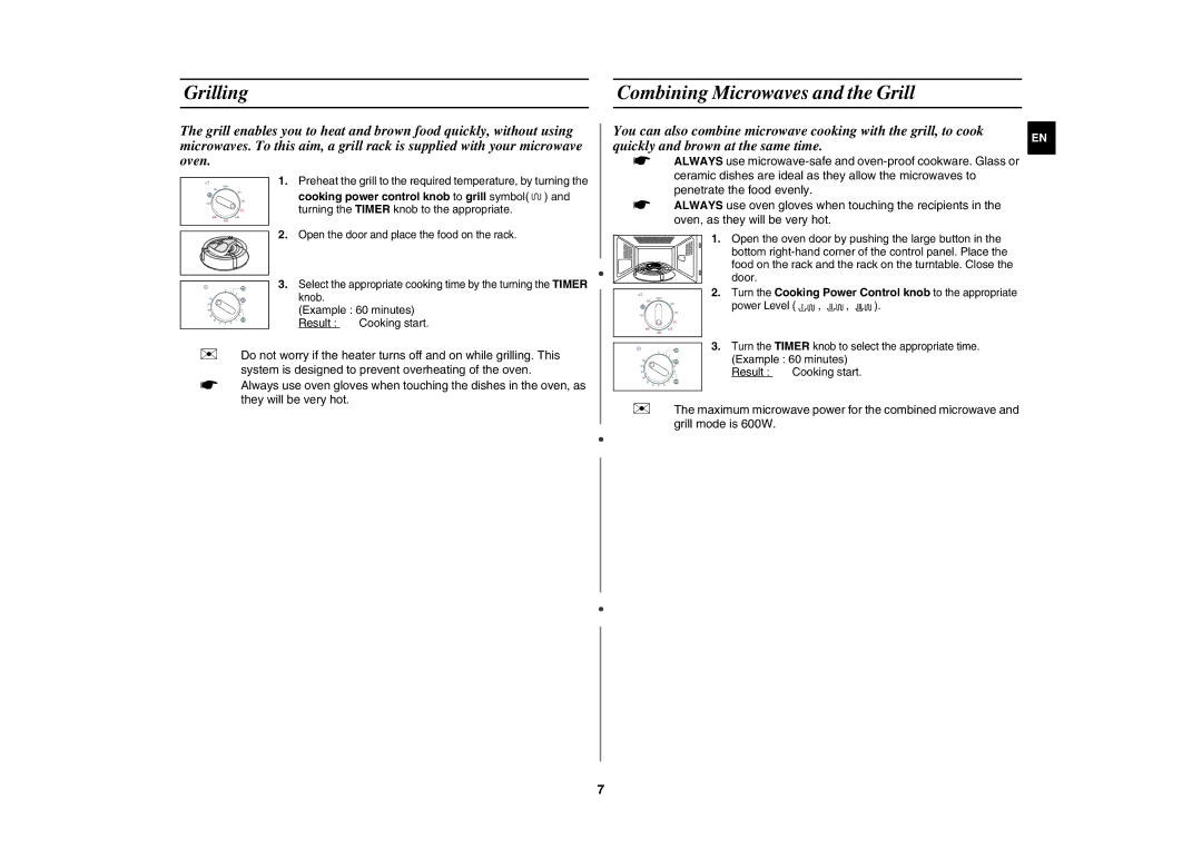 Samsung GW71E/ELE Grilling Combining Microwaves and the Grill, Preheat the grill to the required temperature, by turning 