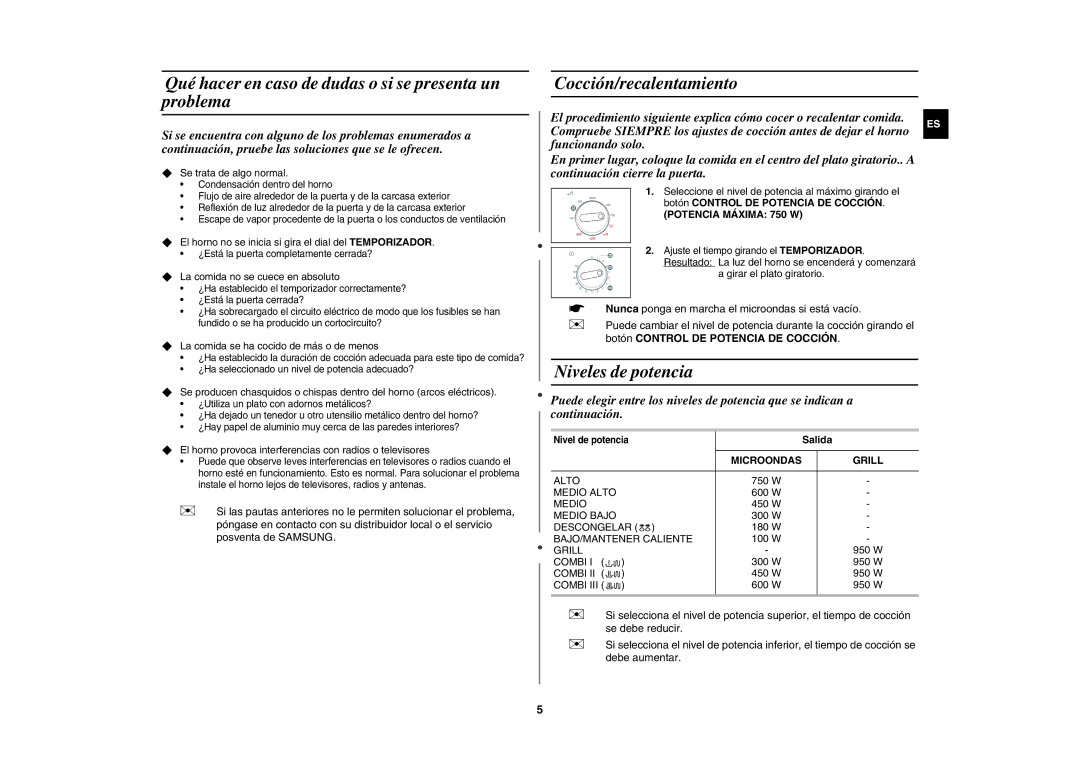 Samsung GW71E/XEC Qué hacer en caso de dudas o si se presenta un problema, Cocción/recalentamiento, Niveles de potencia 